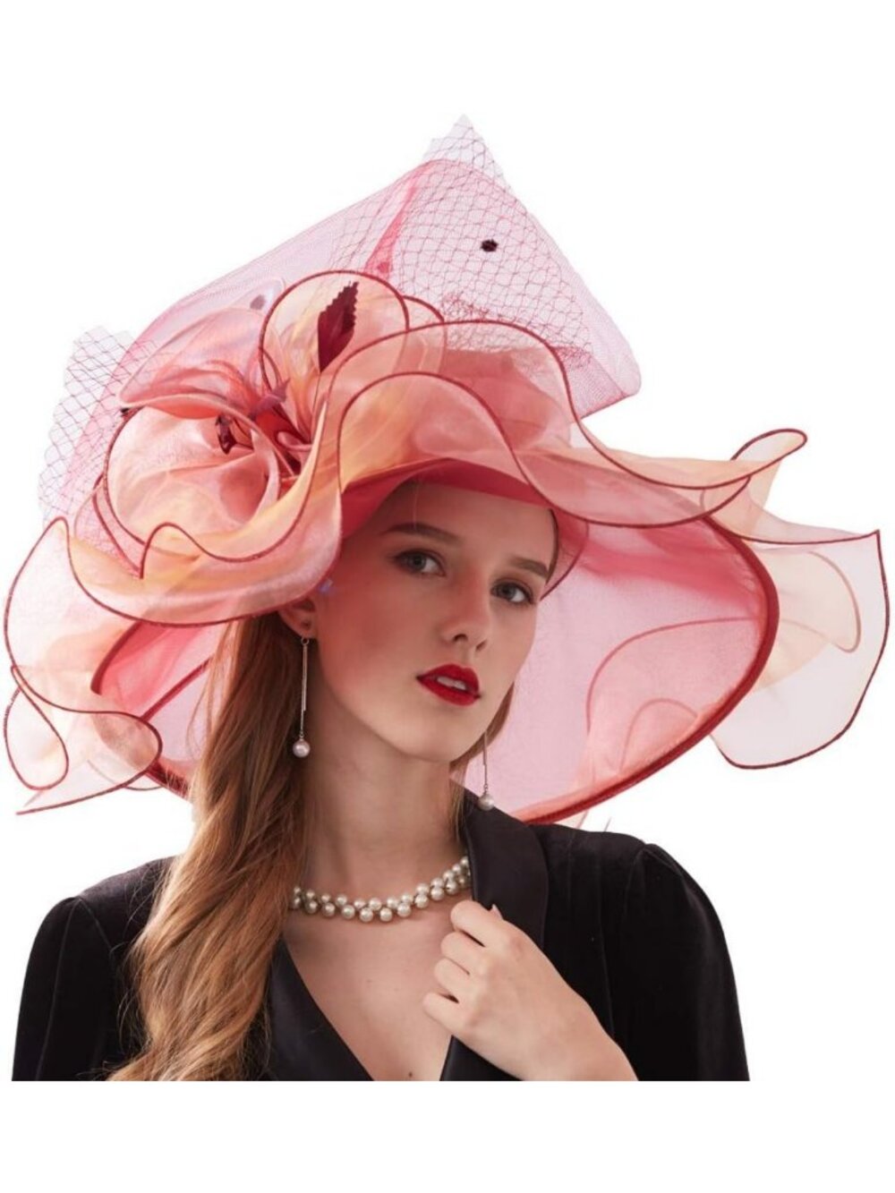 Elegant Wide Brim Organza Church Hat for Weddings & Tea Parties with Detachable